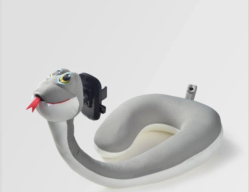 Cozy U-Shaped Pillow with Built-In Phone Holder in various colors, including Red Flamingo, Pink Unicorn, Orange Giraffe, Gray Snake, and Lagoon Dinosaur