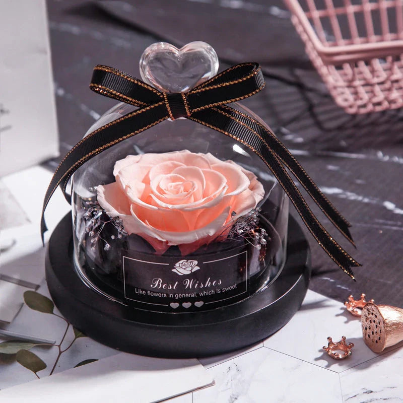 Enchanting Eternal Rose with LED lighting in a glass display, showcasing its timeless beauty and elegant design