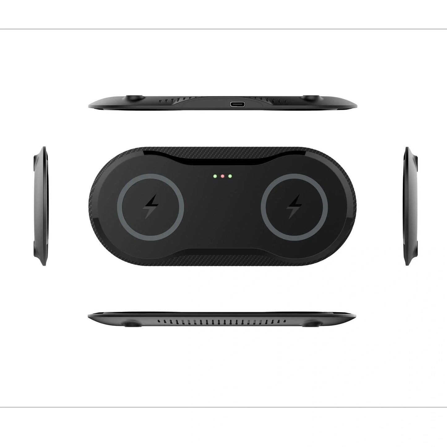 Dual wireless mobile phone charger in black and white, featuring intelligent temperature control