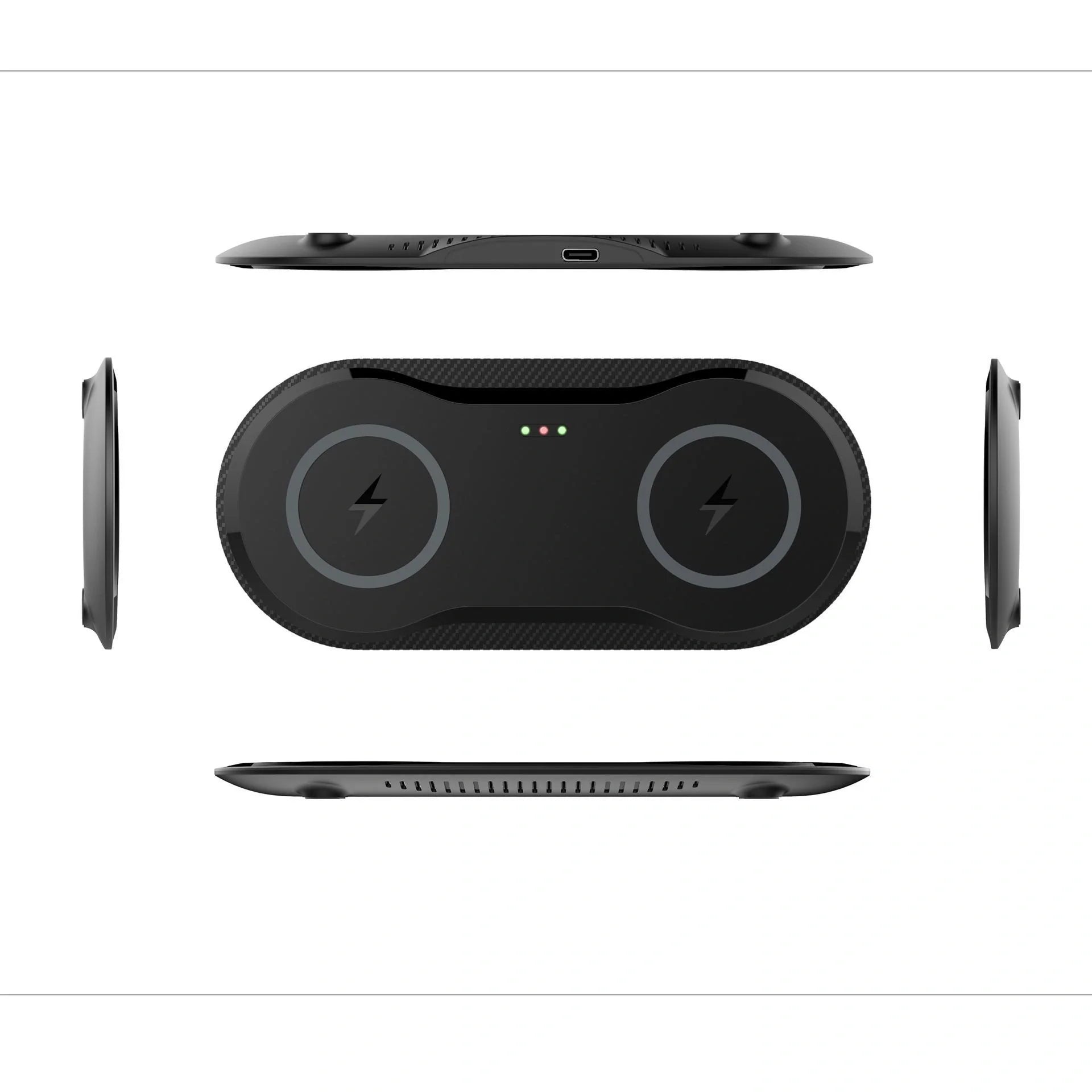 Dual wireless mobile phone charger in black and white, featuring intelligent temperature control