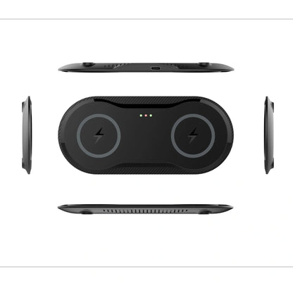 Dual wireless mobile phone charger in black and white, featuring intelligent temperature control