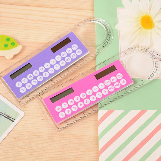 Solar-powered ultra-thin ruler calculator with magnifier function on transparent background
