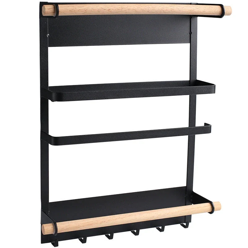 Stylish magnetic refrigerator rack with six storage hooks and wooden crossbar for organising kitchen essentials