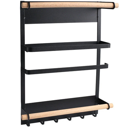Stylish magnetic refrigerator rack with six storage hooks and wooden crossbar for organising kitchen essentials