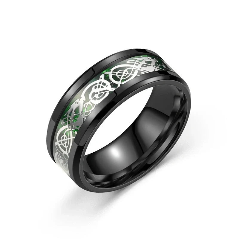 Dragon pattern stainless steel ring in black gold, showcasing intricate design and polished finish.