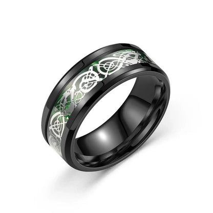 Dragon pattern stainless steel ring in black gold, showcasing intricate design and polished finish.