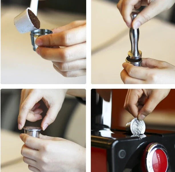 Premium stainless steel coffee capsule holder with integrated tamper for easy organization and perfect espresso extraction