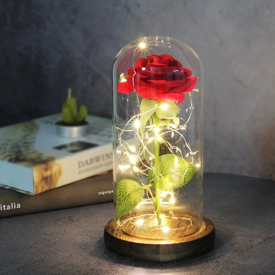 Enchanted Forever Rose in Glass LED Light decoration with realistic rose and wooden base