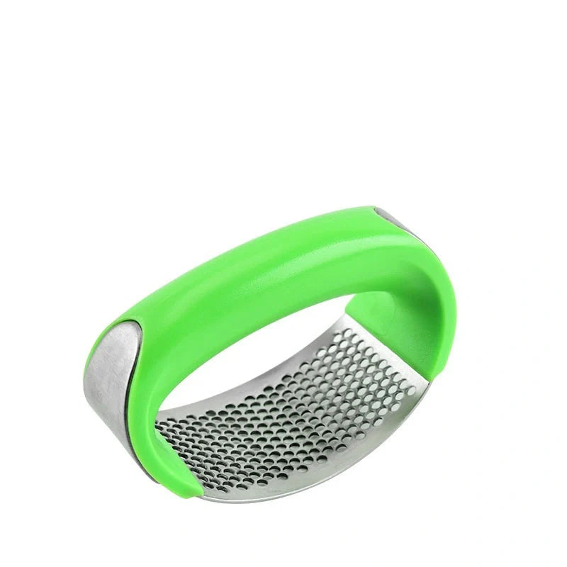 Stainless steel garlic press with ergonomic handle for easy mashing