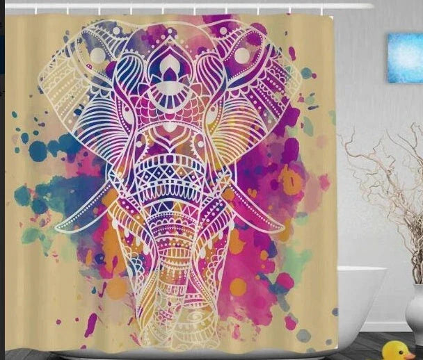 Vibrant African-inspired shower curtain with portrait of a beautiful African girl wearing earrings and bold hairstyle