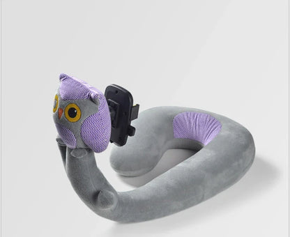 Cozy U-Shaped Pillow with Built-In Phone Holder in various colors, including Red Flamingo, Pink Unicorn, Orange Giraffe, Gray Snake, and Lagoon Dinosaur