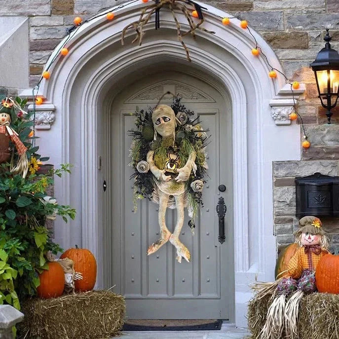 Mummy Halloween Wreath with realistic skeleton hands for door decoration