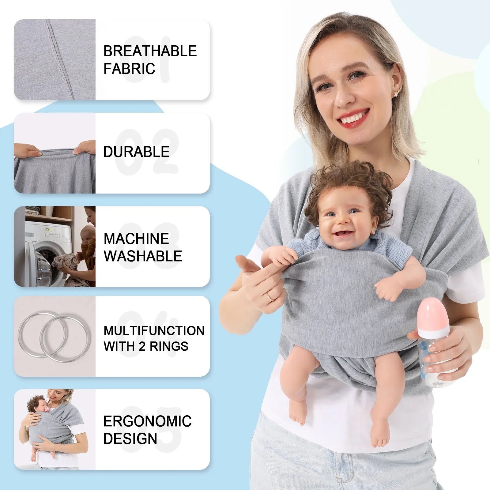 Polyester baby carrier wrap in various colors for front and back carrying