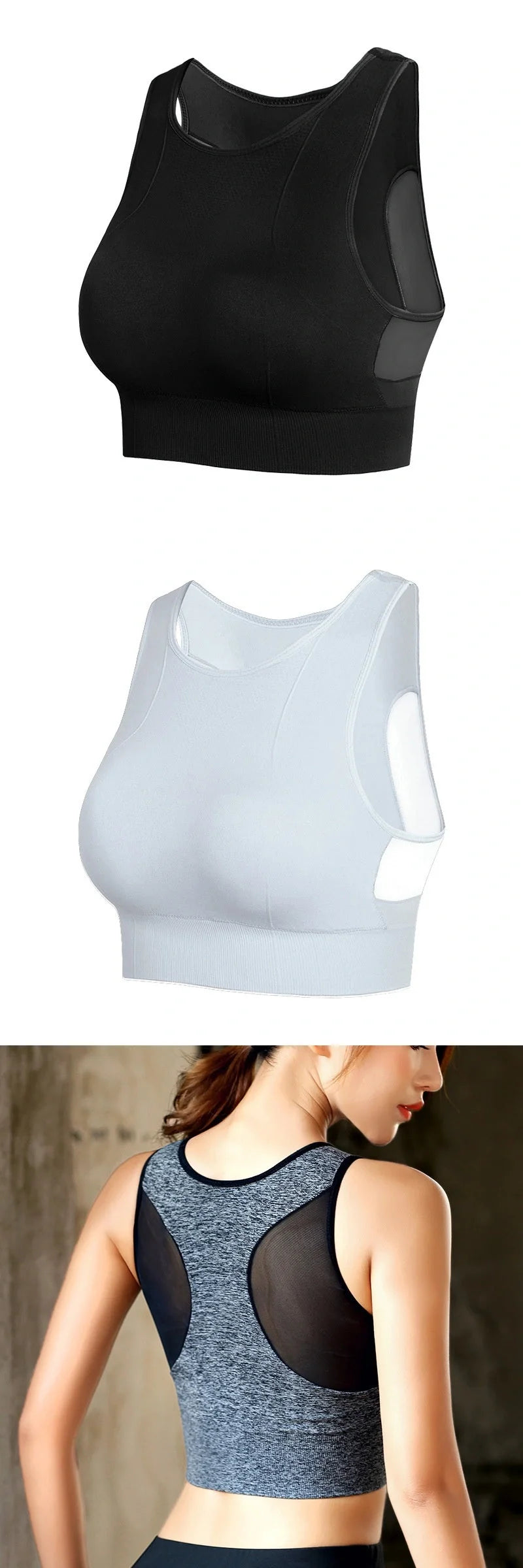 No Underwire Mesh Beauty Back Double-decker Sports Bra in various colors and sizes