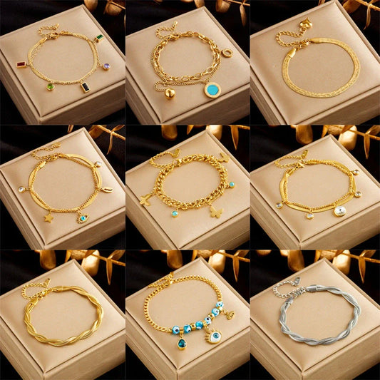 Gold plated punk fashion bracelet with double layer snake chain design and five-pointed star charm