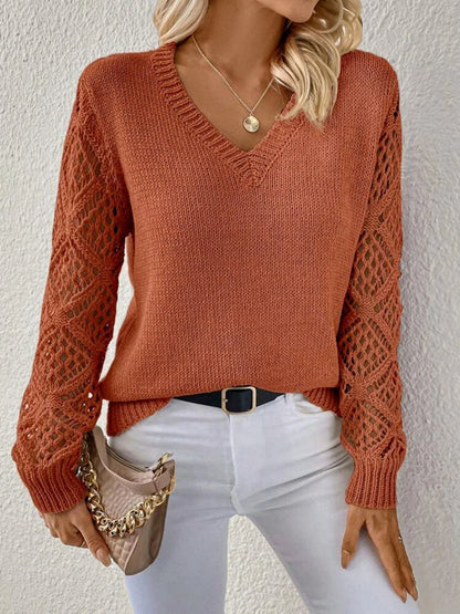 Stylish V-Neck Sweater with Trendy Hollow Sleeves for Women in Variety of Classic Colors
