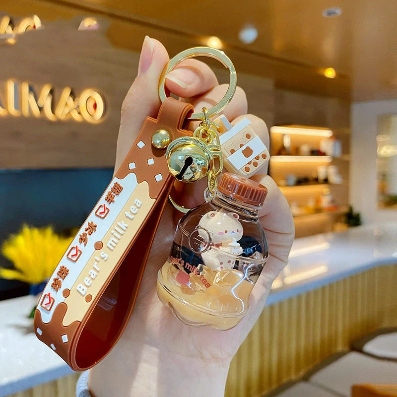 Women's pearl milk tea bear design keychain in alloy and acrylic