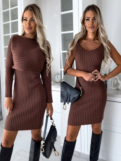 A stylish 2-piece outfit featuring a long-sleeve striped top and a suspender skirt in various colors.