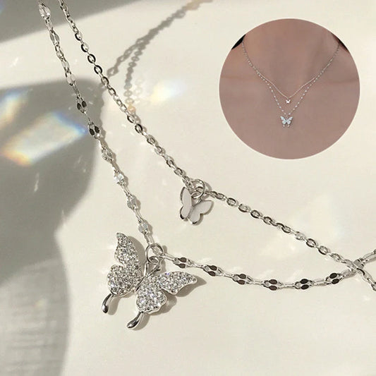 Elegant silver butterfly double layer clavicle chain necklace for women