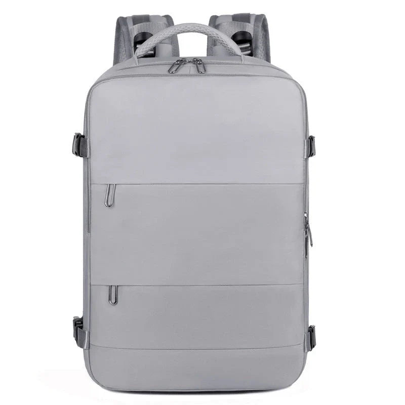 Spacious women's travel backpack with dry and wet compartments, waterproof construction, and comfortable air-cushioned harness