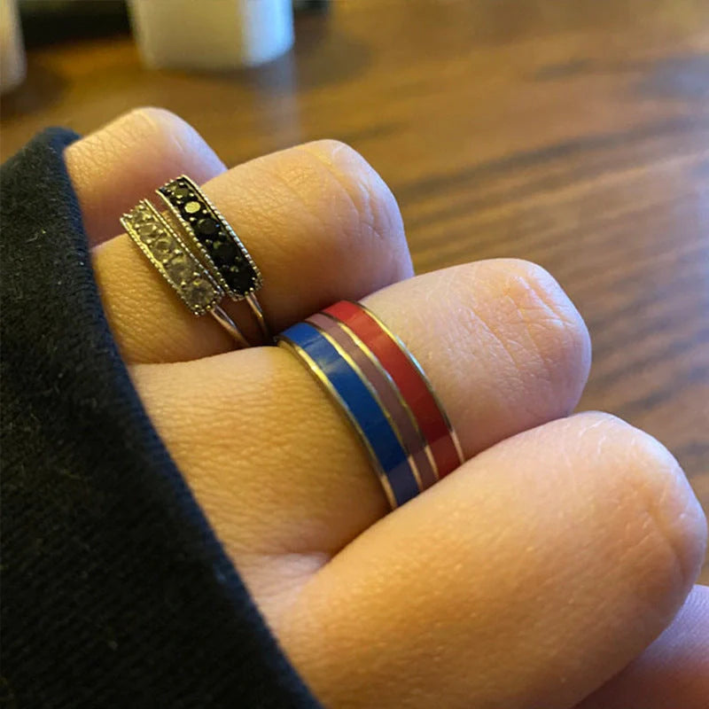Stylish bisexual pride stainless steel ring with a bold, geometric design in vibrant colours