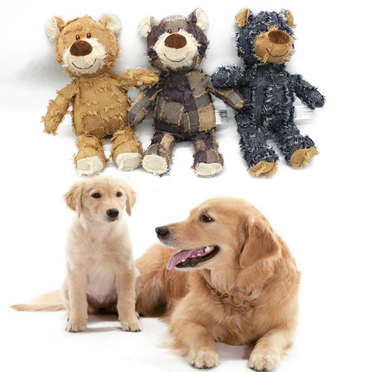 Bear-shaped plush dog toy with squeak sound and bite-resistant features