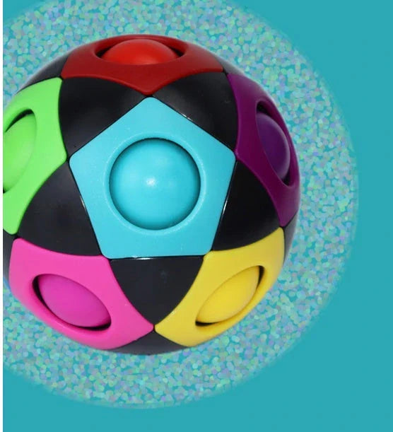 Colorful rainbow-patterned decompression soccer ball with 12 holes, a unique intellectual toy for children
