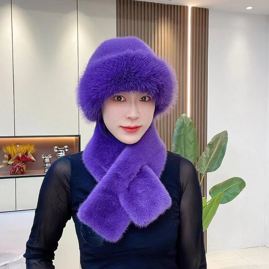 Cosy Mongolian-style unisex winter hat and scarf set in various colours, including black, white, beige, brown, pink, violet, grey, and red