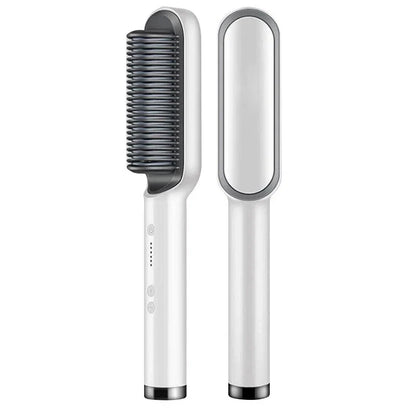 A white hair straightener brush with ceramic heating plates for salon-quality hair styling