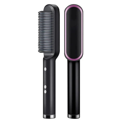A white hair straightener brush with ceramic heating plates for salon-quality hair styling