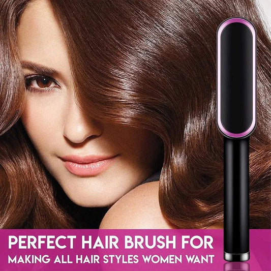 A white hair straightener brush with ceramic heating plates for salon-quality hair styling