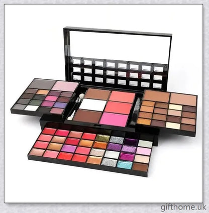 A 74-colour makeup palette with eye shadows, lip glosses, and blushes in a high-gloss glitter and sequin finish