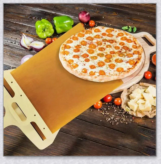 Sliding pizza shovel with non-stick surface and smooth cutting board for easy pizza transfer and serving