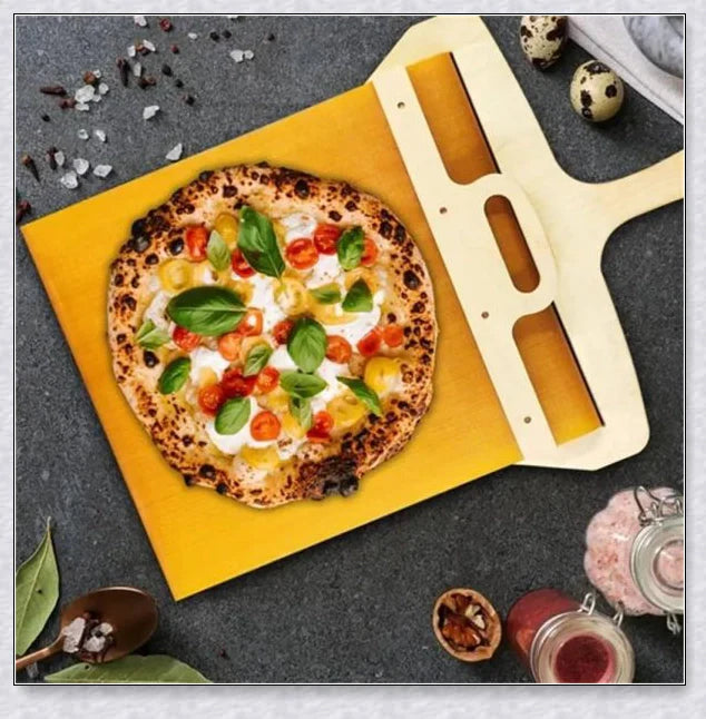 Sliding pizza shovel with non-stick surface and smooth cutting board for easy pizza transfer and serving