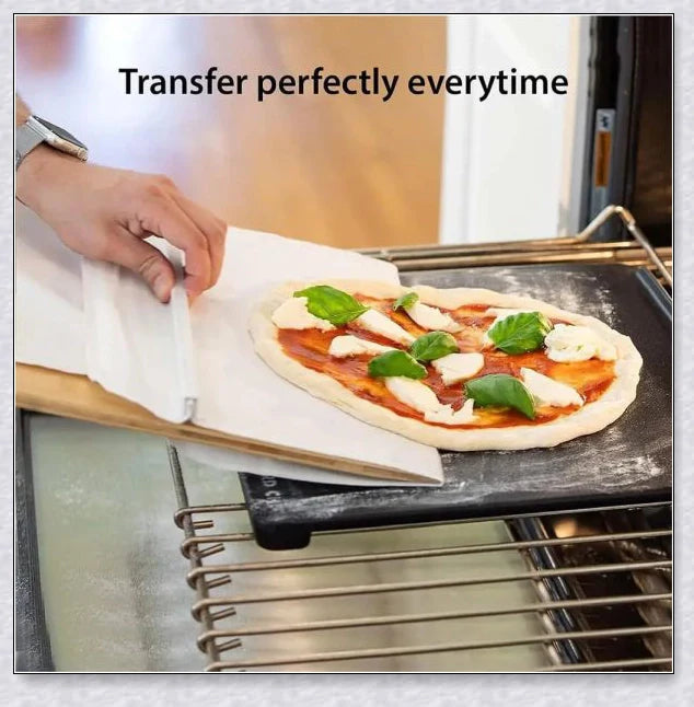 Sliding pizza shovel with non-stick surface and smooth cutting board for easy pizza transfer and serving