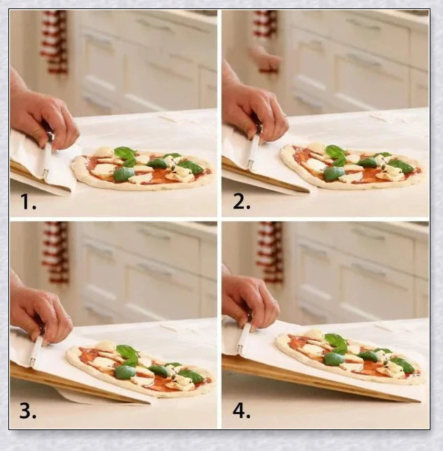 Sliding pizza shovel with non-stick surface and smooth cutting board for easy pizza transfer and serving