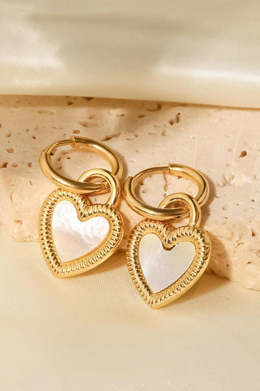 Inlaid shell heart drop earrings in gold, featuring a sophisticated and versatile design for any occasion.