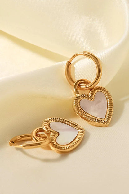Inlaid shell heart drop earrings in gold, featuring a sophisticated and versatile design for any occasion.