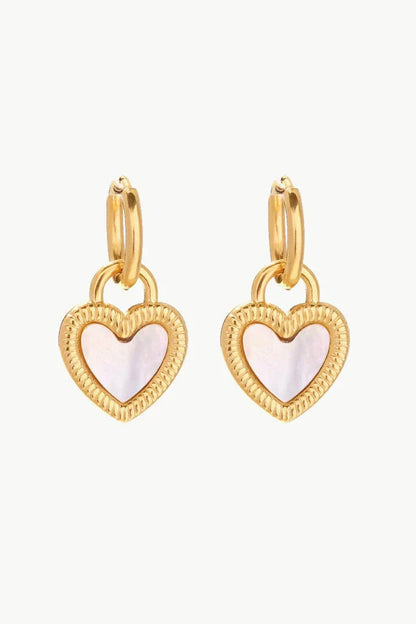 Inlaid shell heart drop earrings in gold, featuring a sophisticated and versatile design for any occasion.