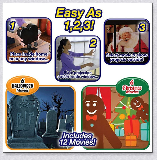 Magic Window Projector that transforms any window into a festive display with Christmas, Halloween, and birthday films