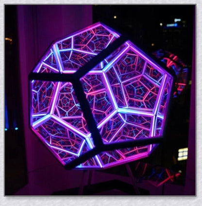 Infinite Dodecahedron Colour Art Light with 12-sided anodised aluminium frame, bespoke glass mirrors, and custom LED lighting