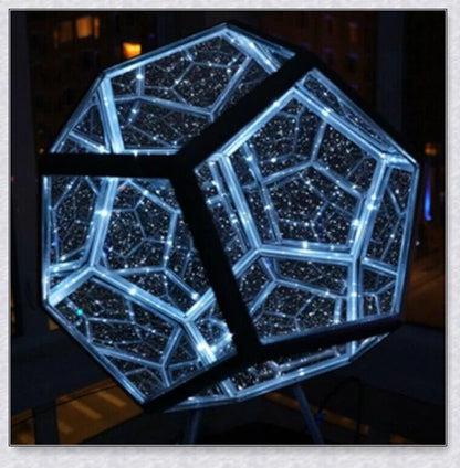 Infinite Dodecahedron Colour Art Light with 12-sided anodised aluminium frame, bespoke glass mirrors, and custom LED lighting