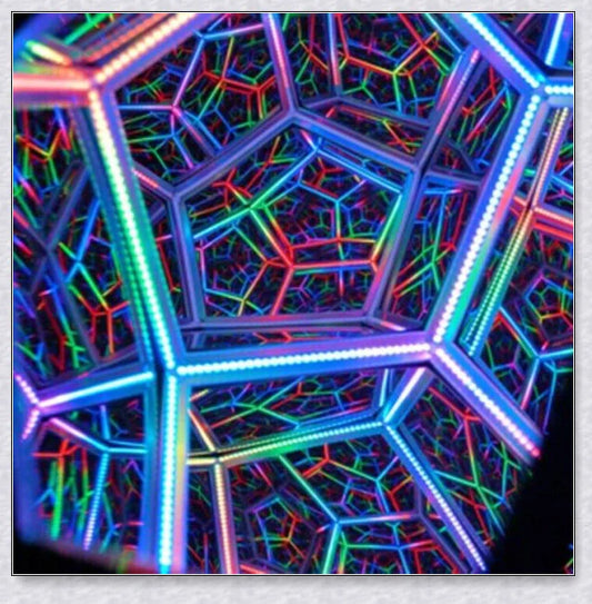 Infinite Dodecahedron Colour Art Light with 12-sided anodised aluminium frame, bespoke glass mirrors, and custom LED lighting