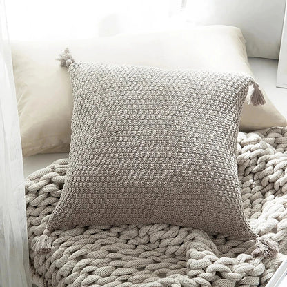 Handcrafted crochet cotton pillow cover in light green, featuring a cosy and elegant autumn-inspired design