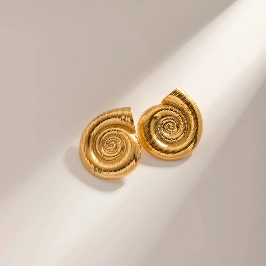 Pair of gold-plated stainless steel spiral conch earrings with a unique textured design