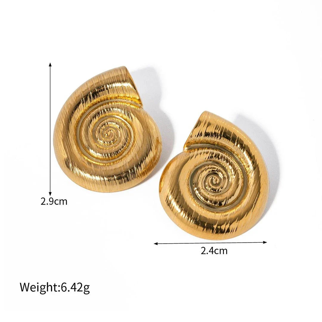 Pair of gold-plated stainless steel spiral conch earrings with a unique textured design