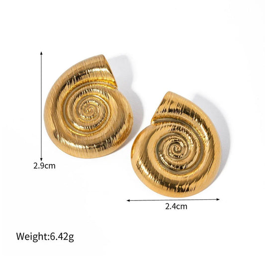 Pair of gold-plated stainless steel spiral conch earrings with a unique textured design