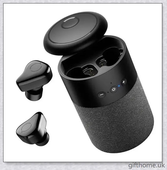 Bluetooth speaker with built-in headset in white and black colours, delivering immersive sound quality and hands-free convenience.