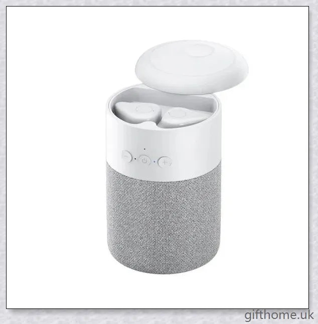 Bluetooth speaker with built-in headset in white and black colours, delivering immersive sound quality and hands-free convenience.