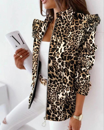 A stylish check leopard print zip ruffle shoulder jacket for women, featuring a double-breasted placket and ruffle shoulder detailing for a polished, office-inspired look.